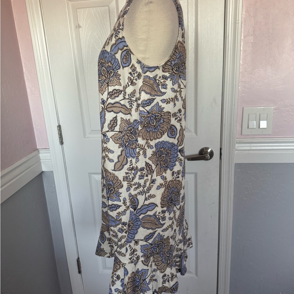TOMMY HILFIGER Women’s 6 Linen Blend Sleeveless Dress Ruffle Hem Beige/Blues - Picture 5 of 14